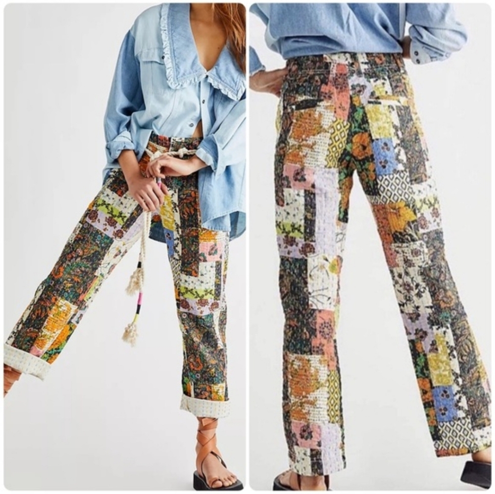 Free People Patchwork Multi-Color Straight Leg Tr… - image 1
